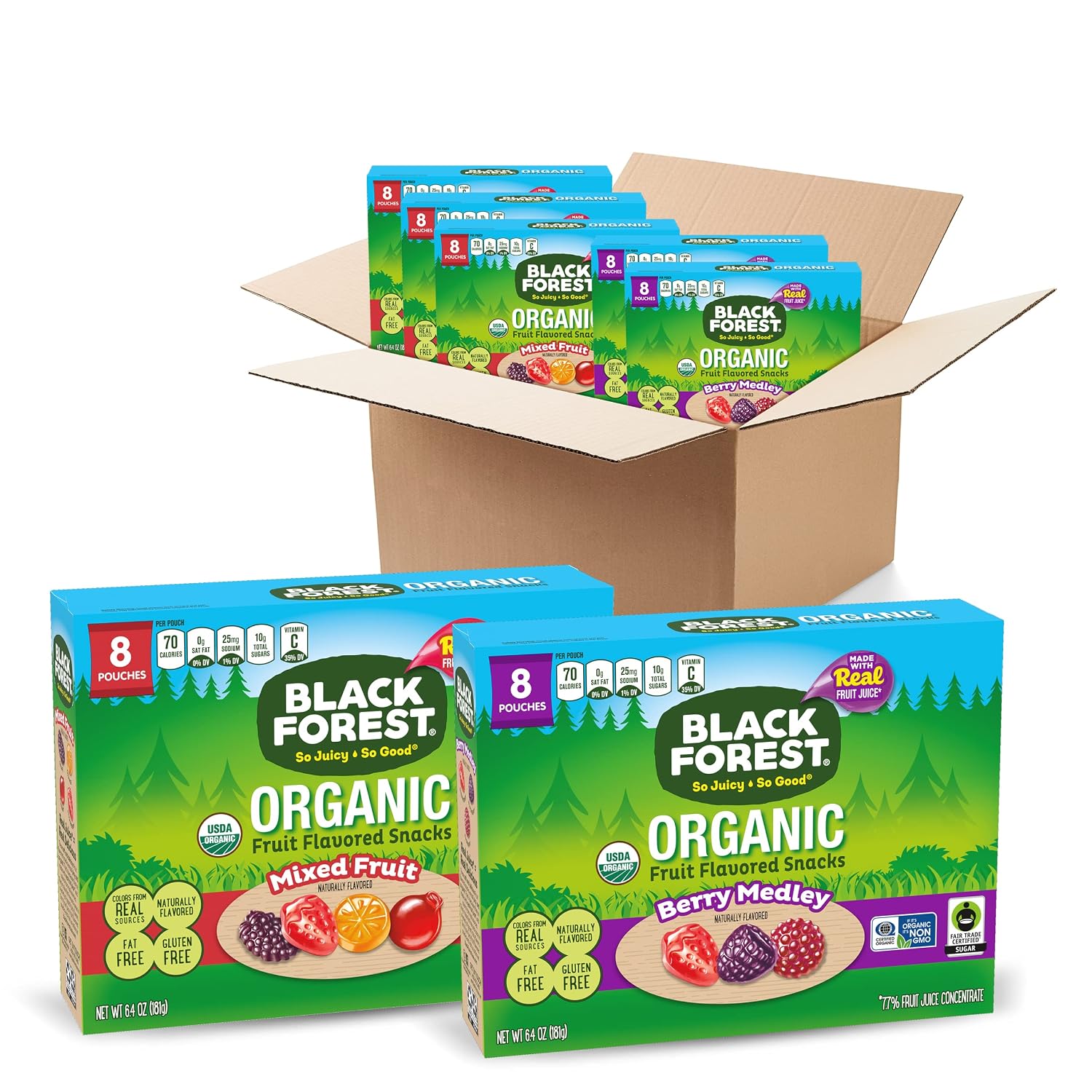 Black Forest Organic Variety Pack, Mixed Fruit & Berry Medley, 8 Count, Pack of 5, 32 Ounce