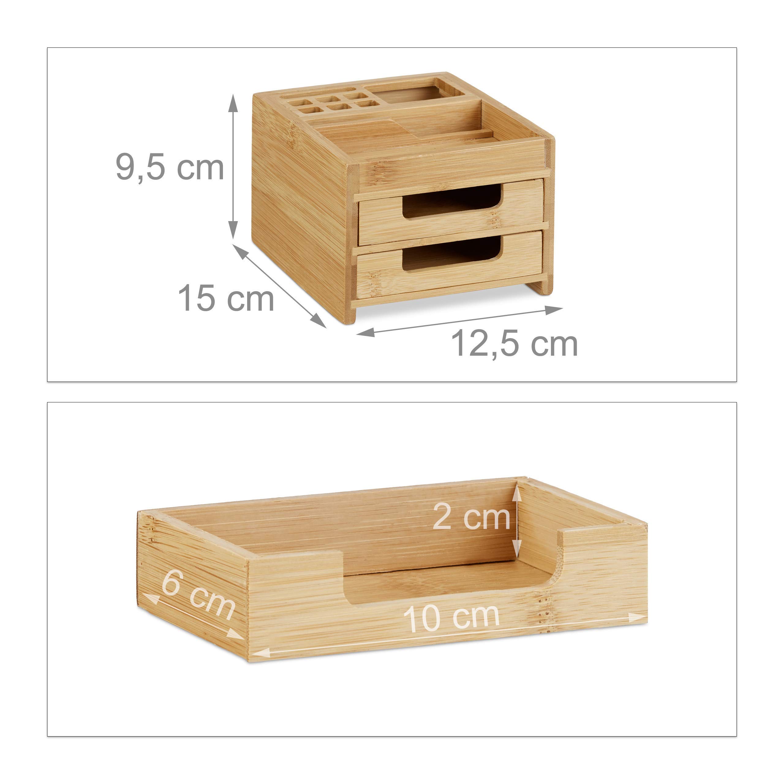 Relaxdays Monitorständer, Bildschirmständer aus Bambus, 14 Fächer, 15x65x28 cm, Natur & Schreibtisch Organizer Bambus, Stiftehalter Holz, Schreibtischbox Schubladen, HxBxT: 9,5 x 12,5 x 15 cm, Natur