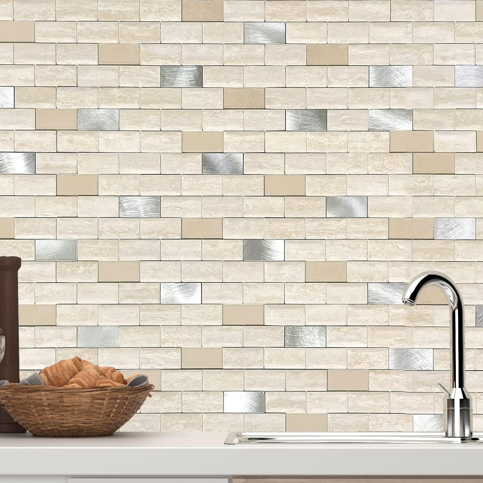 VAOVI 3D Self Adhesive Tiles for Walls,Kitchen Stick on Splashback Tiles Splash Wall Panels for Bathroom Mosaic Brick Waterproof(5Tiles,Beige)