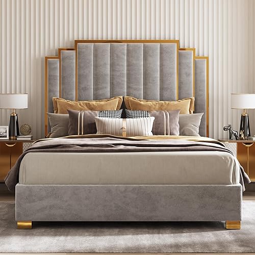 AMERLIFE California King Size Upholstered Bed, Modern Velvet Bed Frame with 65.4” Tall Gold Trim Headboard, No Box Spring Needed, Grey