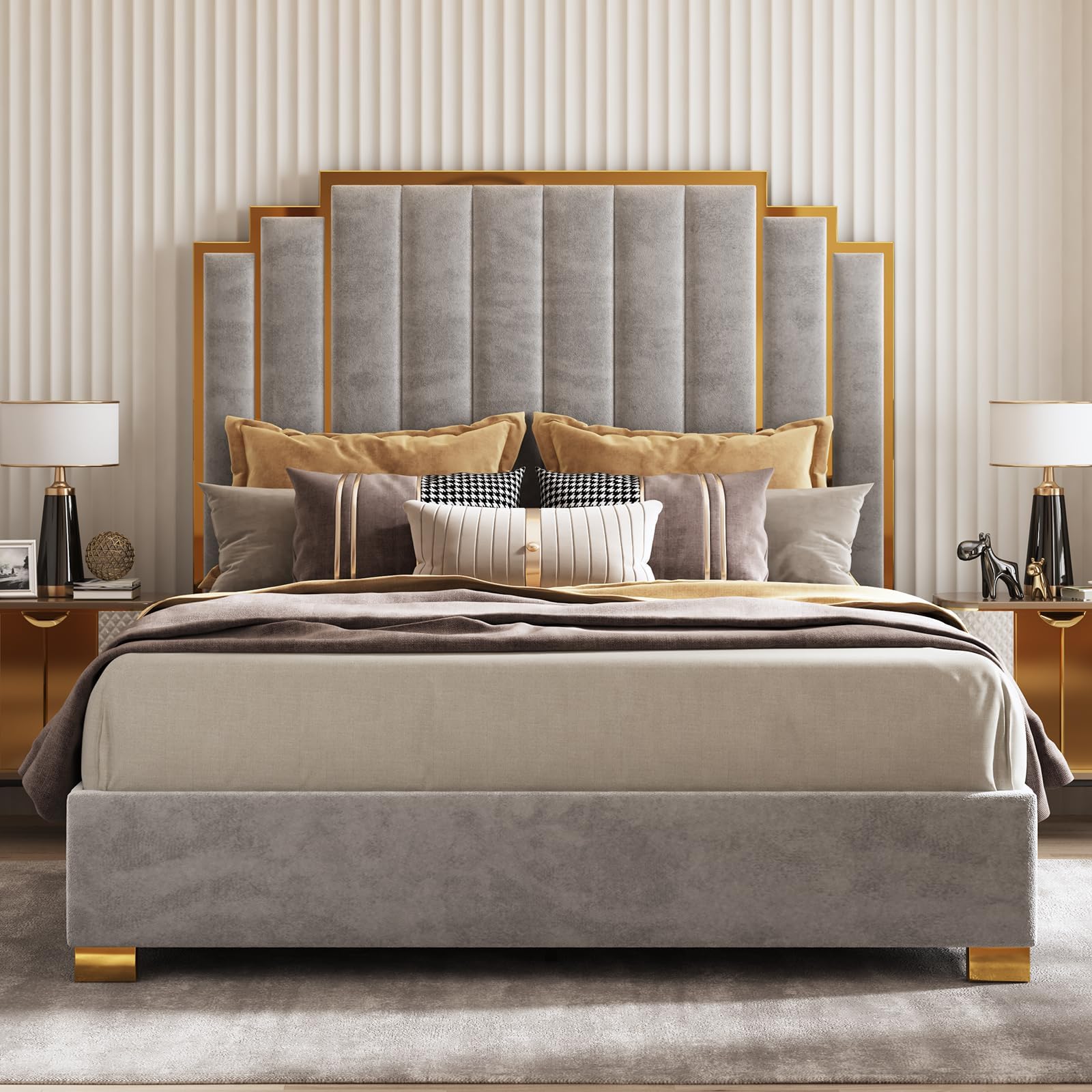 AMERLIFE Cal King Velvet Gold Trim Bed
