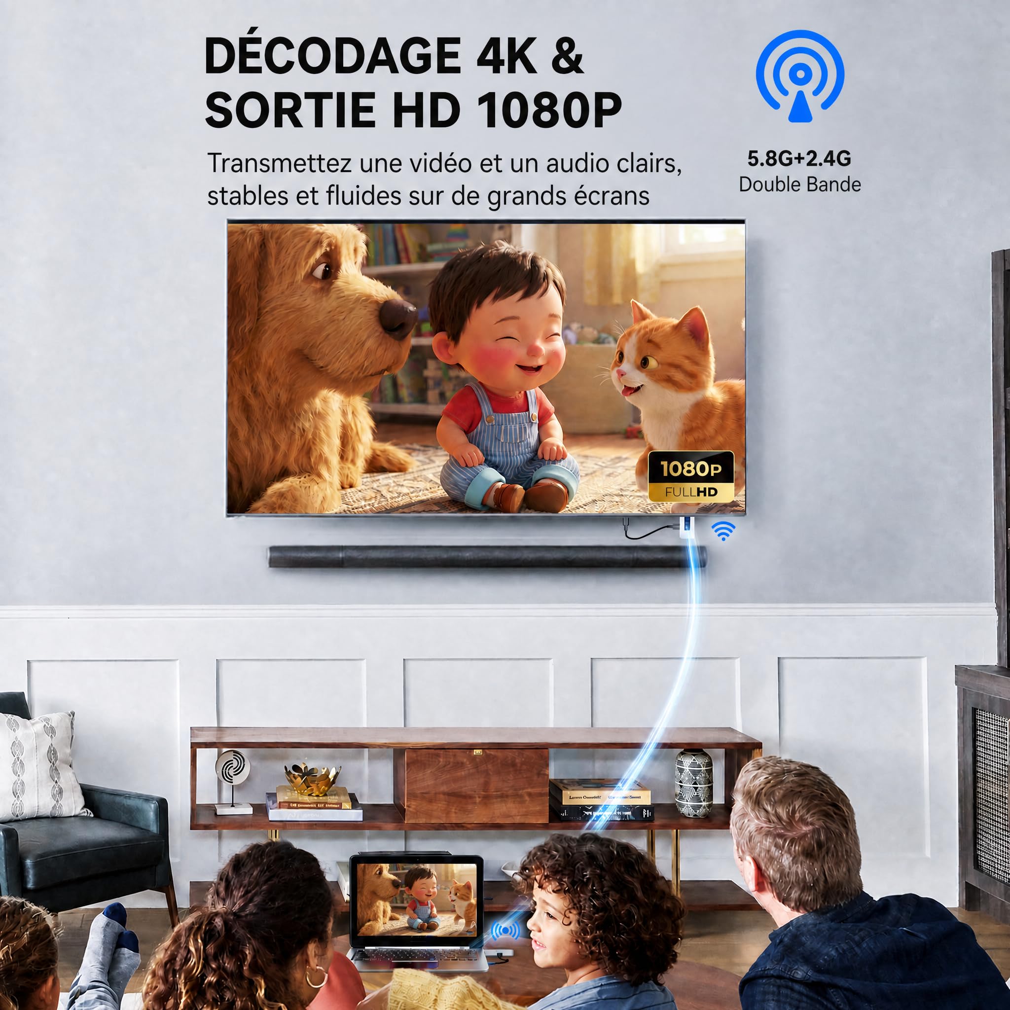 Moman Transmetteur HDMI sans Fil Transmission Stable sur 196FT Wireless HDMI Emetteur Recepteur avec écran LED Plug & Play Transmetteur from Laptop/PC/Camera (TX) to TV/Monitor/Projector (RX)