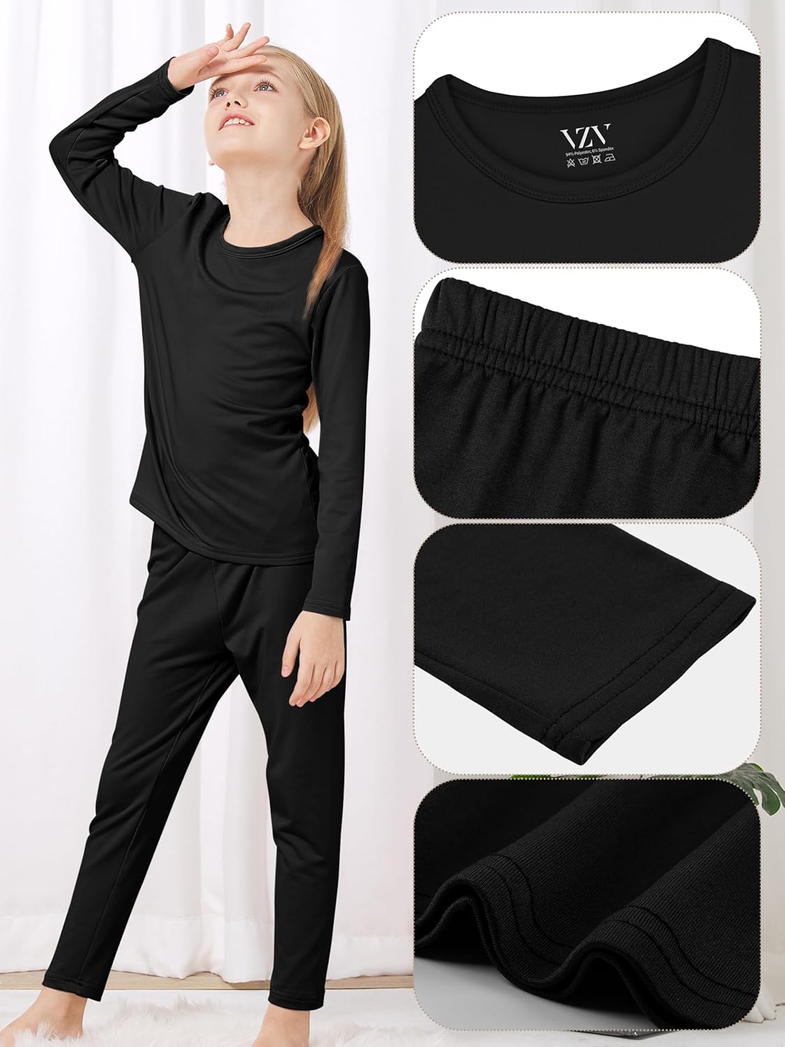 VZV Girls Thermal Underwear Set Thermal Underwear for Kids Fleece Lined Long Johns Kids Base Layer Top and Bottom for Winter - Image 3