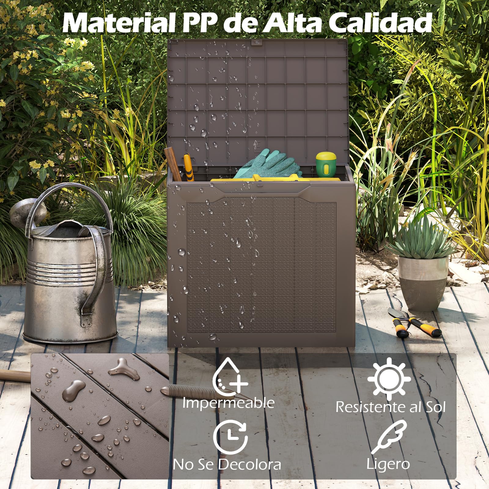 COSTWAY Arcón Jardin Exterior 96L, PP, Baul Almacenaje Exterior con Tapa Cerradura, Caja de Almacenamiento para Patio, 56 x 41 x 50,5 cm, Carga 150kg Terraza Balcón (café)