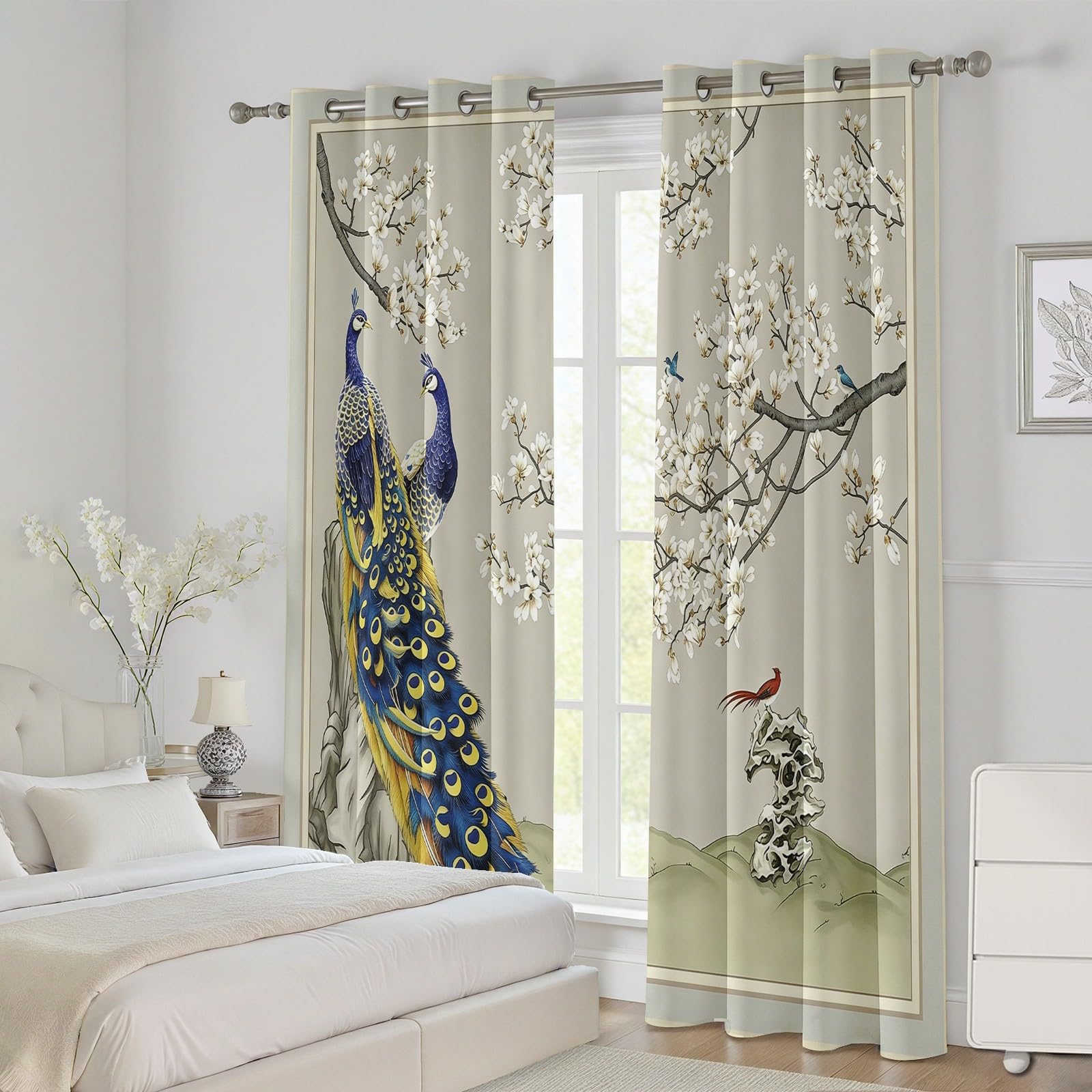 Vorhänge Blumen Pfau, Vorhang Chinoiserie Floral Vogel Blickdicht