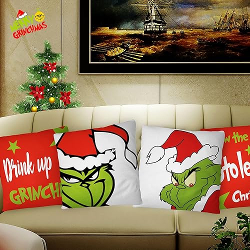 Miniatura 3 de Juego de 4 fundas de almohada de Navidad de 18 x 18 pulgadas, decoraciones navideñas rojas para fiestas de granja, fundas de cojín estampadas para