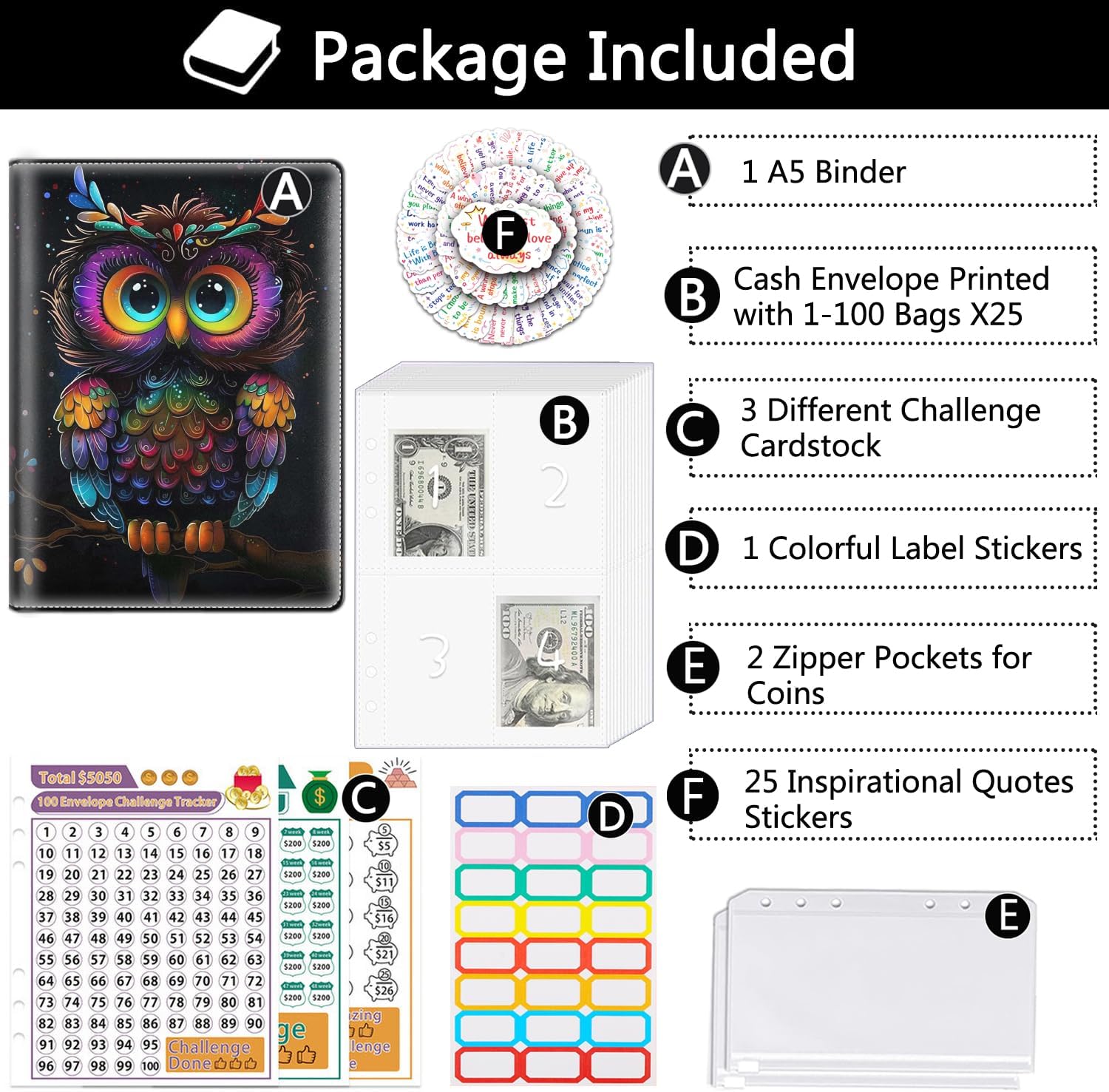 100 Envelopes Money Saving Challenge, Reusable PU Leather A5 Binder with Flexible Saving 3 Sheets Tracker $5050, $10000, $500, Cash Stuffing Binder, Money Organizer Folder, Cute Colorful Owl