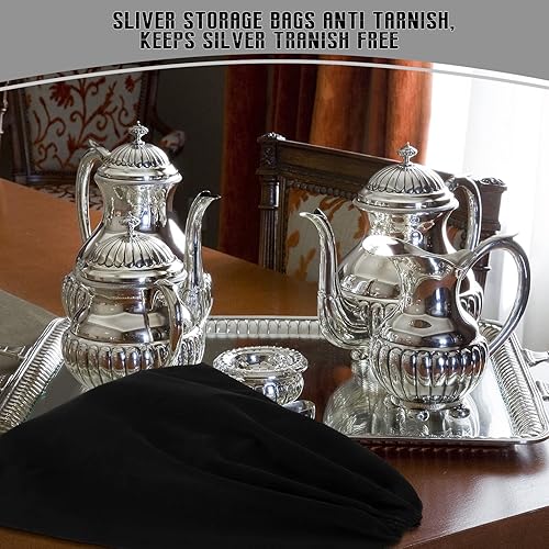 Vista 3 de Ferraycle 6 bolsas de almacenamiento plateadas antideslustre, tela para joyería, cubiertos, protección de cubiertos (18 x 18 pulgadas, color negro)