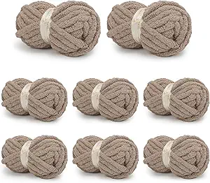 Chunky Yarn for Hand Knitting, Chunky Chenille Blanket Yarn for Crocheting, Bulky Soft Fluffy Chenille for Blanket Project, 8 Pack of 8oz/25yds, Vintage Khaki