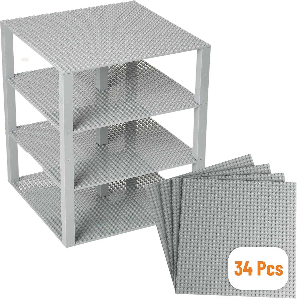 Strictly Briks Baseplate Set - Compatible with Lego, 10 x 10 in 4 Baseplates with 30 Stackers, Stackable Baseplates Building Toy Blocks Custom Display Towers, Kids Gift, Light Grey