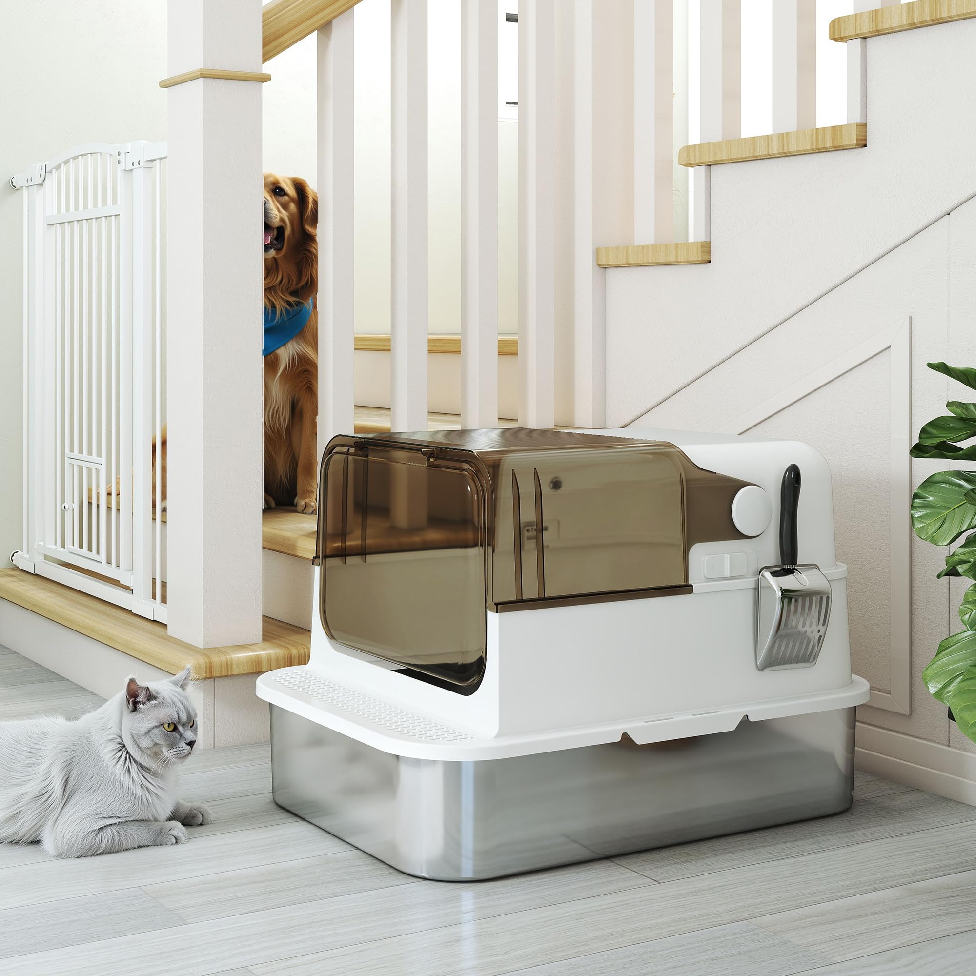 PawHut Bac à litière pour Chat fermé avec Pelle 70 x 50 x 46,5 cm Blanc | Maison de Toilette pour Chat, Acier Inoxydable, Couvercle Ouvrable, Anti-Fuite, Nettoyage Facile