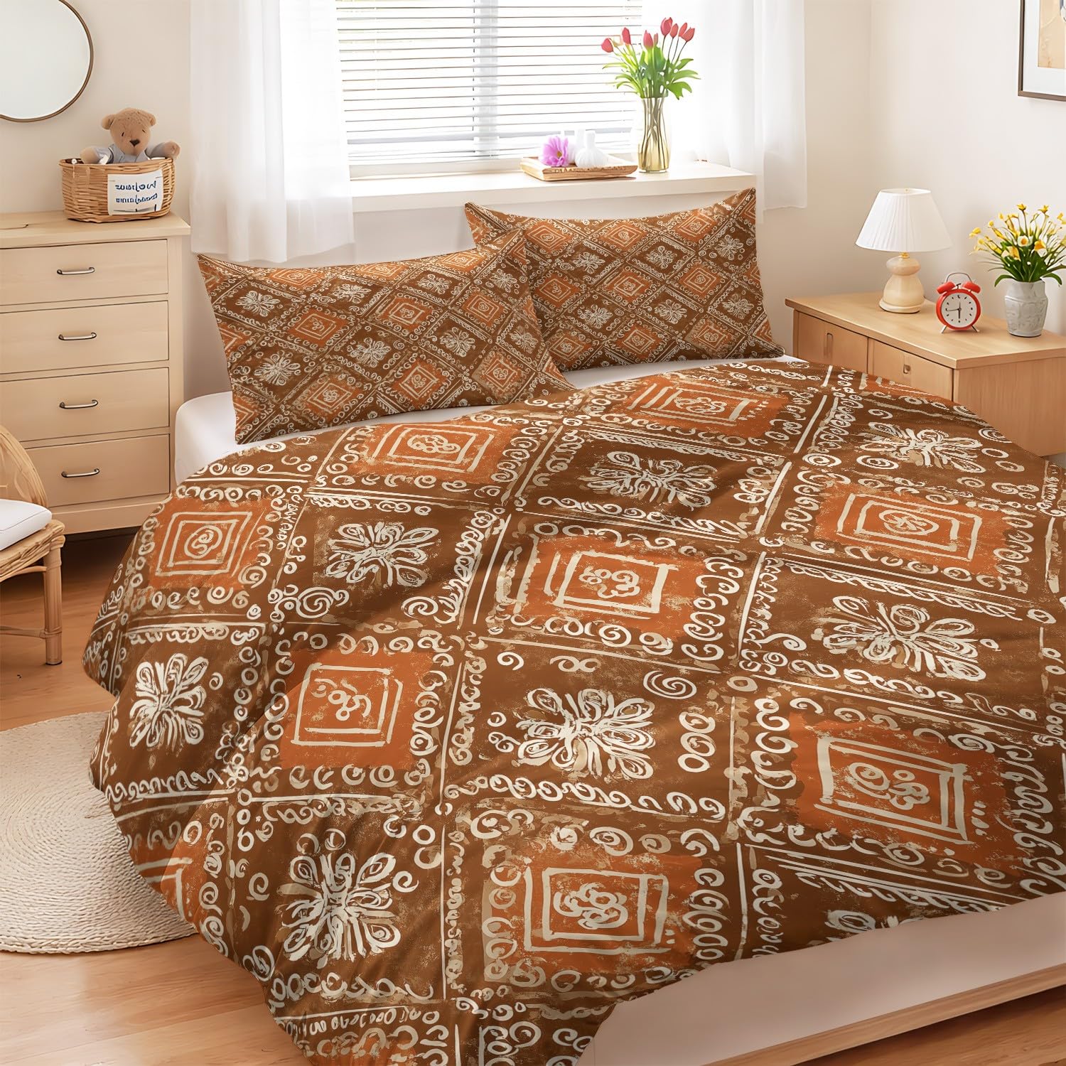 3-częściowy komplet pościeli boho 200 x 200 cm, poszewka na kołdrę – vintage, geometryczny wzór w romby, kwiatowy, miękka pościel z mikrofibry, dwustronna, z 2 poszewkami na poduszki, brązowa