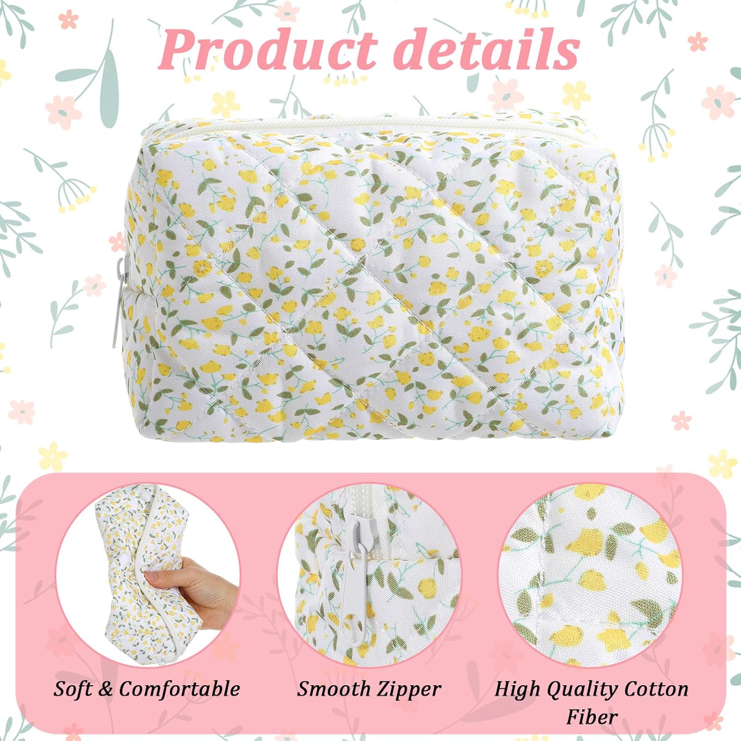 5 PCS Makeup Bag Quilted, Floral Makeup Bags Bulk with Zipper Quilted Cosmetic Bag Cosmetic Pouch Flower Cute Pouches for Cosmetics, Pens and Portable Travel Toiletries-5 Styles - Image 3