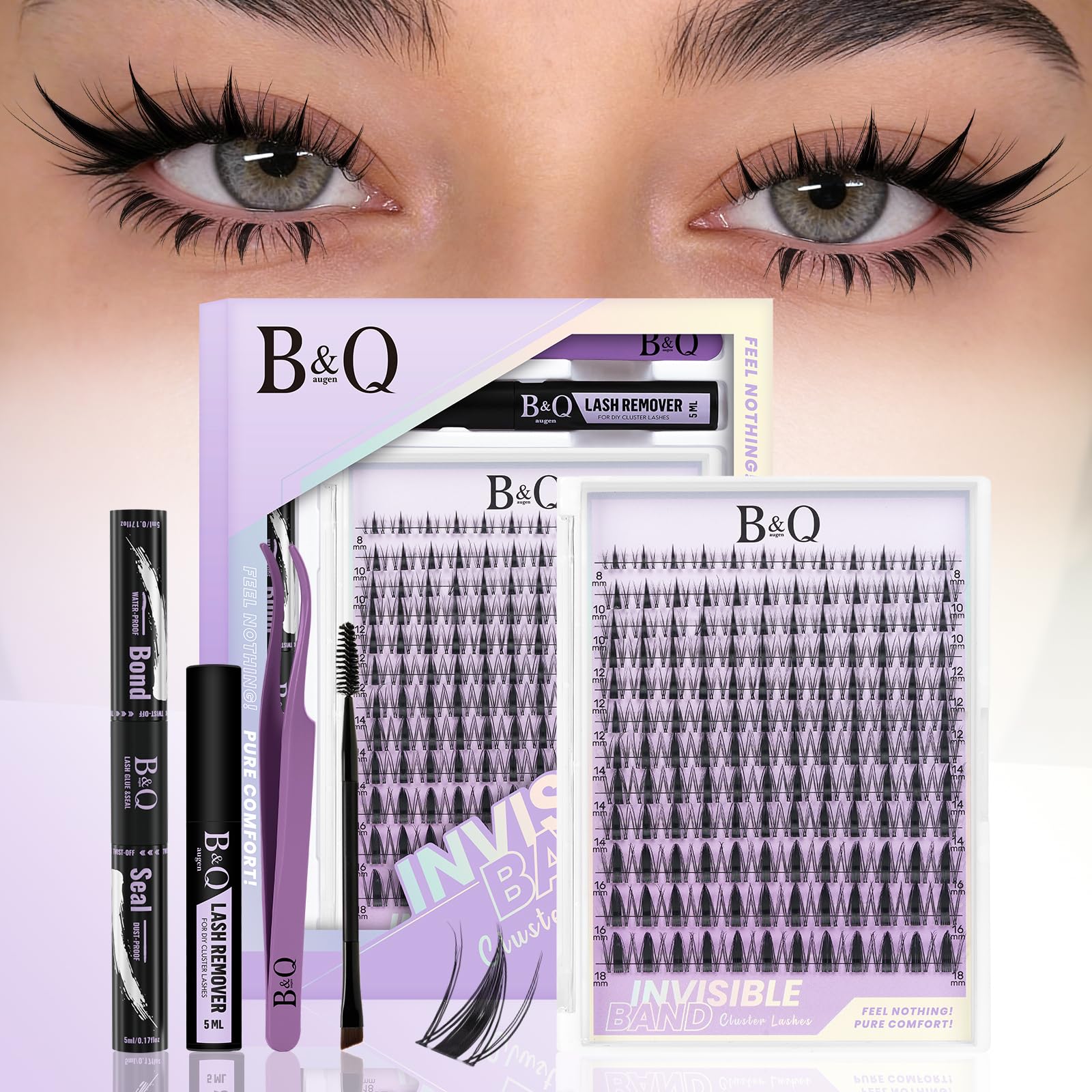 B&Quagen Fairy Lash Clusters Kit Natural Manga Lashes Cluster Invisible Band Eyelashes Individual Kit 144pcs Wispy Cluster Lashes with Lash Bond and Seal (Fairy Kit-8-18mm)