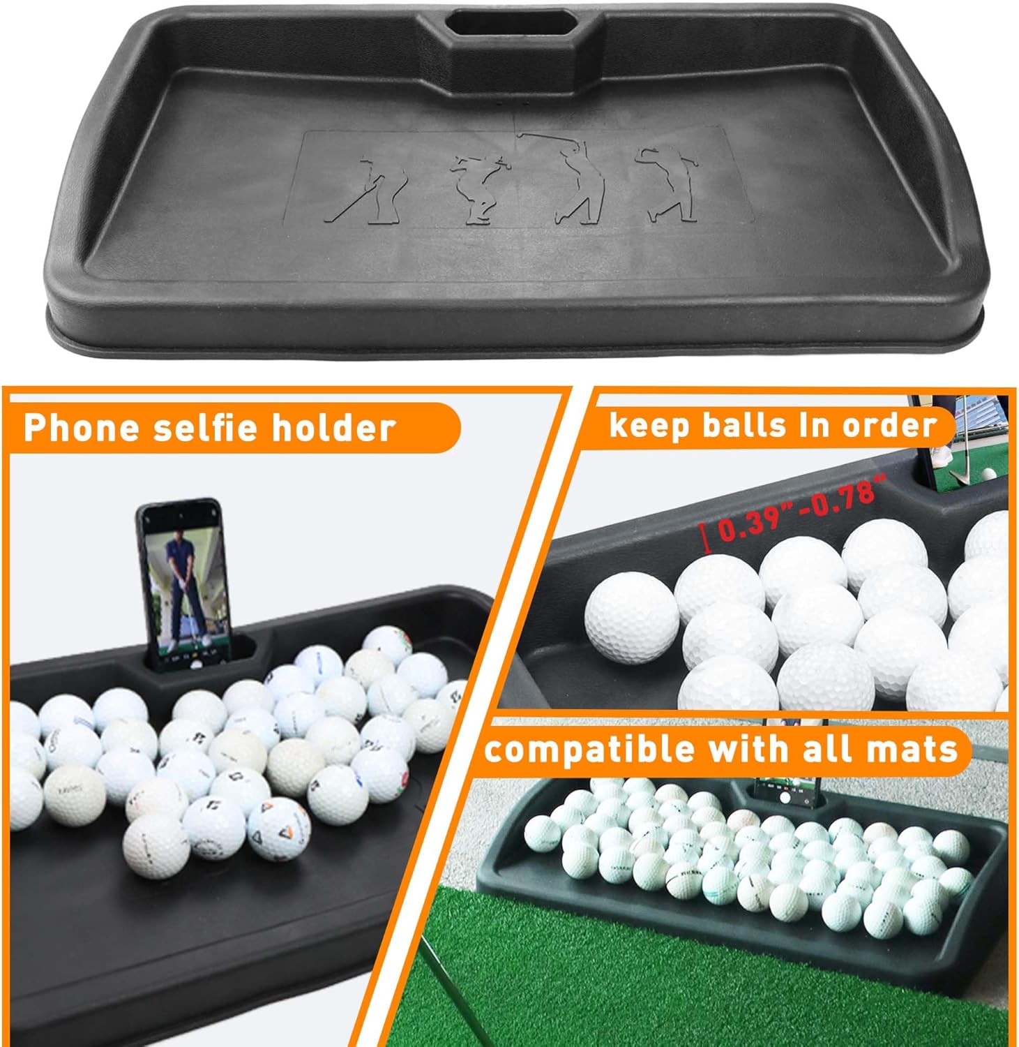 Heavy Duty Golf Ball Tray - with Cell Phone Holder Record Golf Swing - 100 Ball Capacity - High Impact Rubber Golf Tray Compatible with All Hitting Mats Black