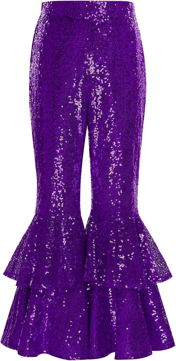 ranrann Girls Sequin Pants Sparkly Bell Bottoms Kids Elastic Waist Layered Flare Pants Casual Trousers
