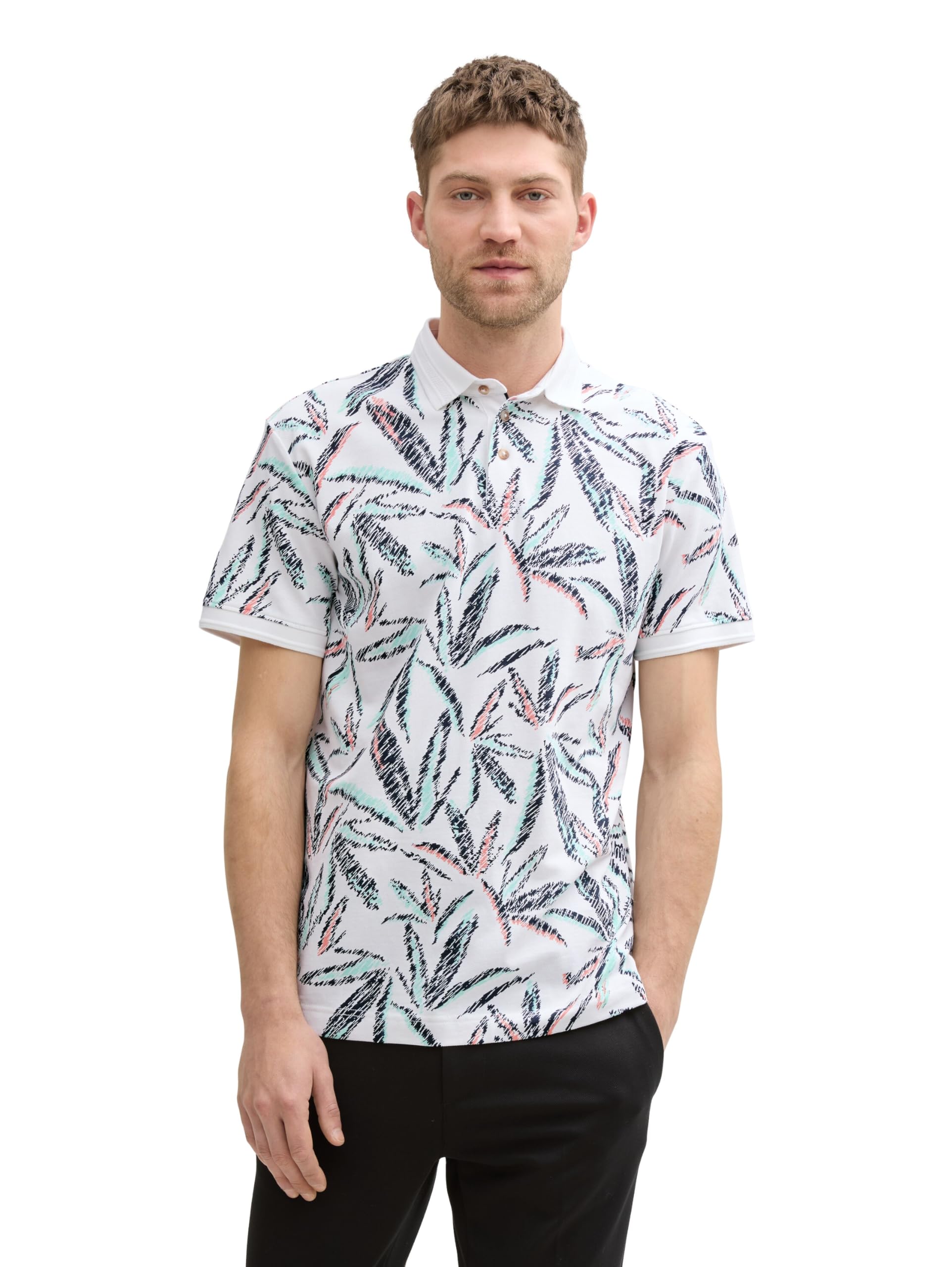 TOM TAILOR Men's Pique Polo Shirt with Palm Tree Print