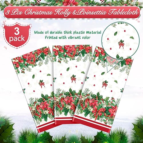 Miniatura 4 de 3 manteles de Navidad con diseño de flor de pascua con acebo, color rojo con diseño de bayas de acebo, desechables, manteles rectangulares de
