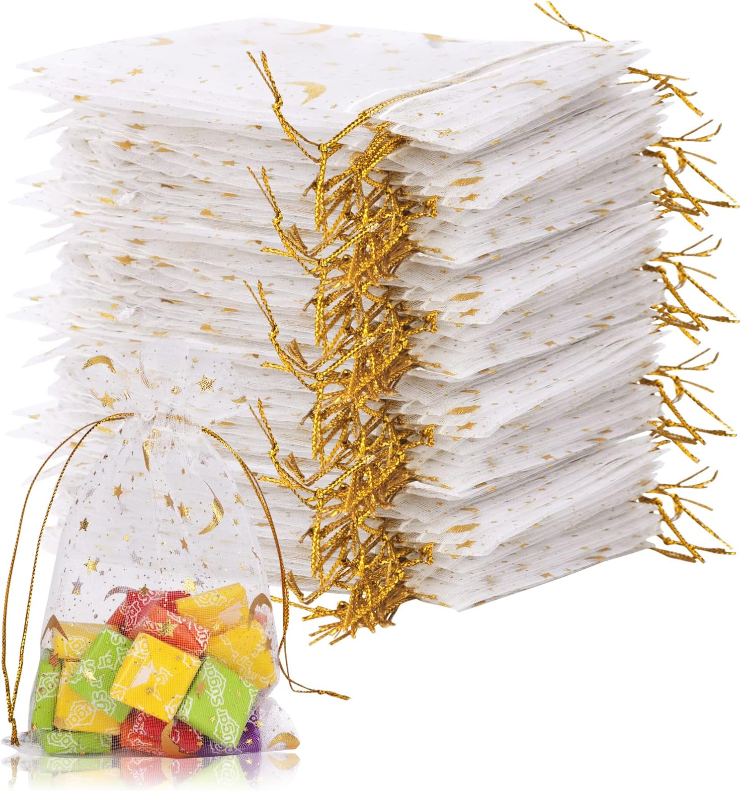 ChostkyOrganza Bags, 9x12cm Jewelry & Candy Bags with Drawstring Stars and Moons (White)