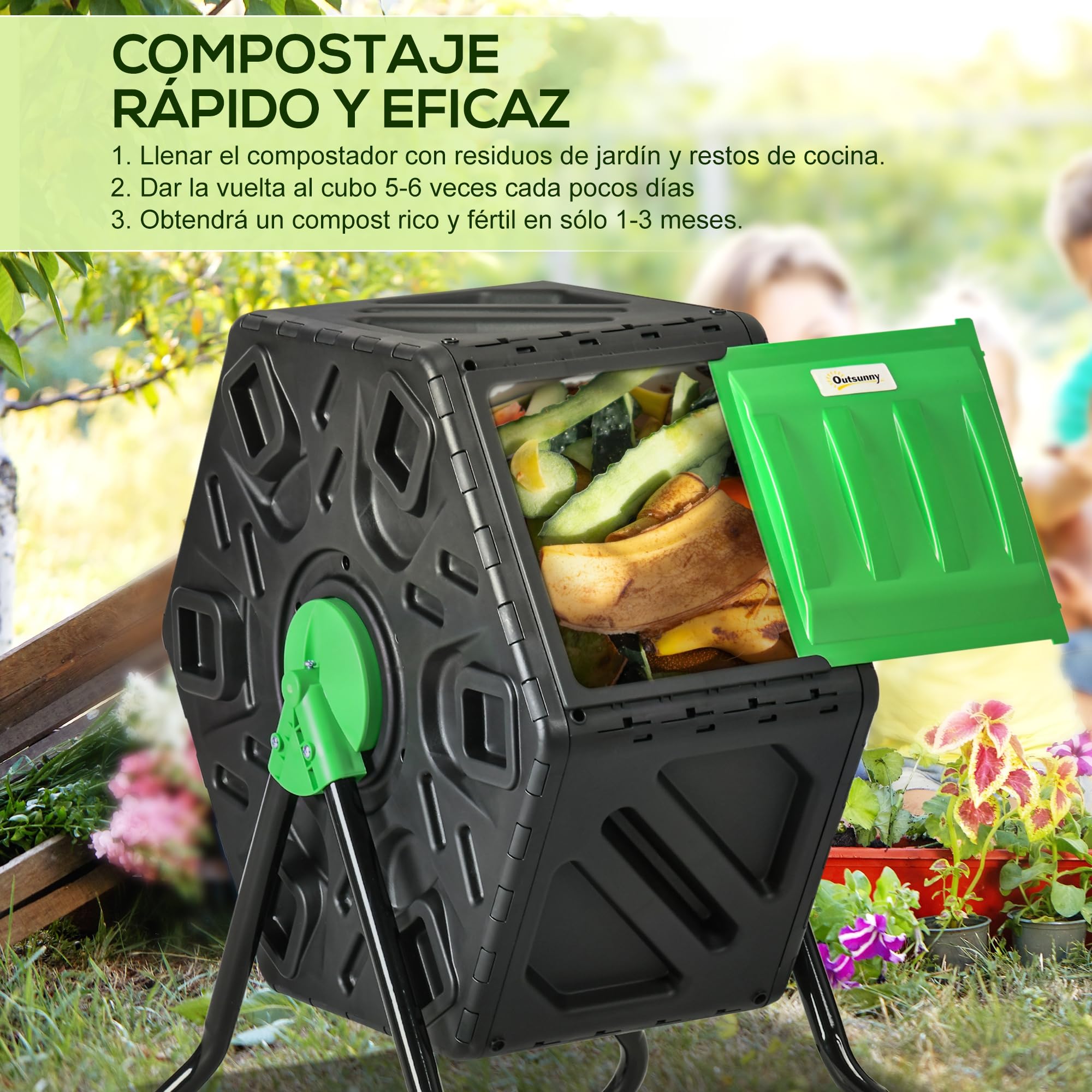 Outsunny Compostador Giratorio 65L Contenedor de Compostaje de Jardín con Aberturas de Ventilación Doble Cámara Compostadora Patas de Acero 60x49x77 cm Negro y Verde