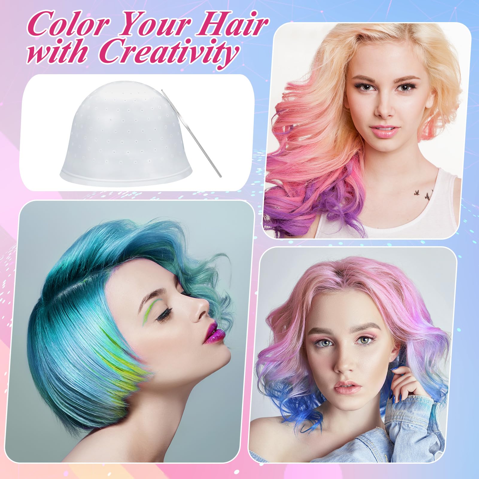 7 Pcs Bonnet Meches Cheveux Trous Pré-percés Bonnet Meche Cheveux Professionnel Kit Coloration Cheveux Bonnet pour Meches et Balayage Casquette pour Coloration pour Femmes Filles