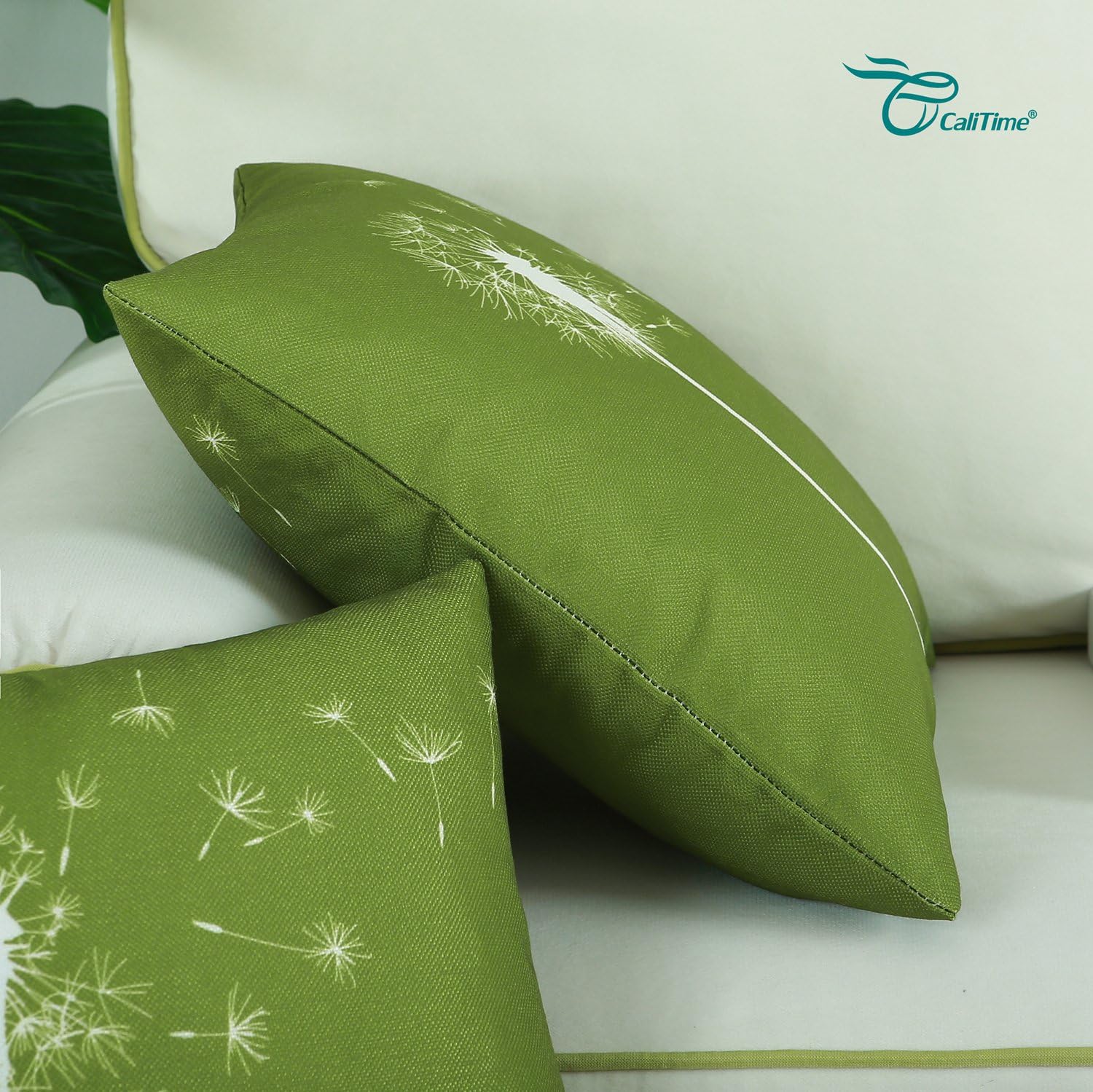 CaliTime Set of 3 Soft Canvas Throw Pillow Covers Cases for Couch Sofa Home Decoration 18 X 18 Inches Solid Dandelion Print Olive Green