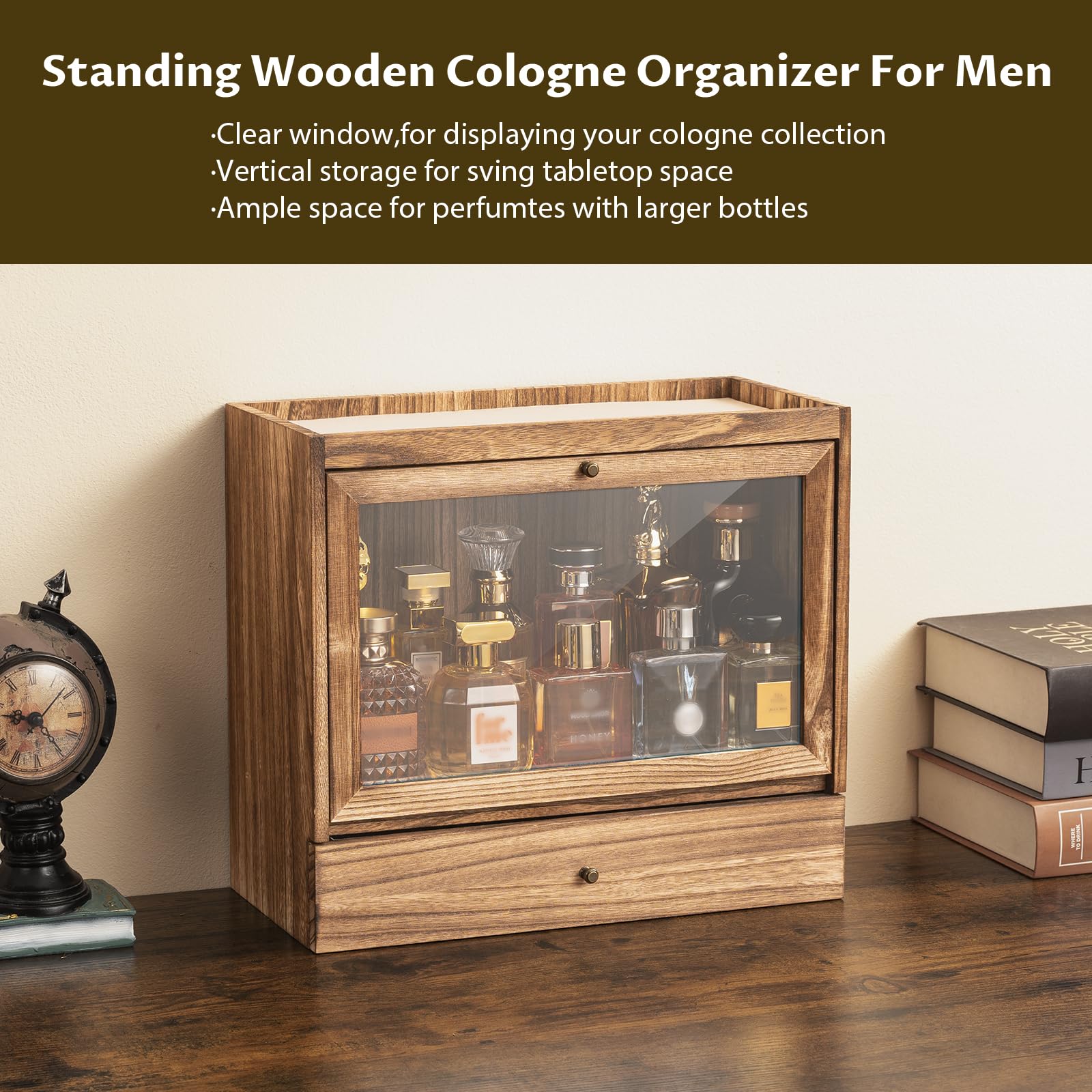 Soporte de colonia, organizador de perfume de madera maciza para hombre, organizador de perfume a prueba de polvo de gran capacidad con cajón de almacenamiento de perfumes, joyas y cosméticos