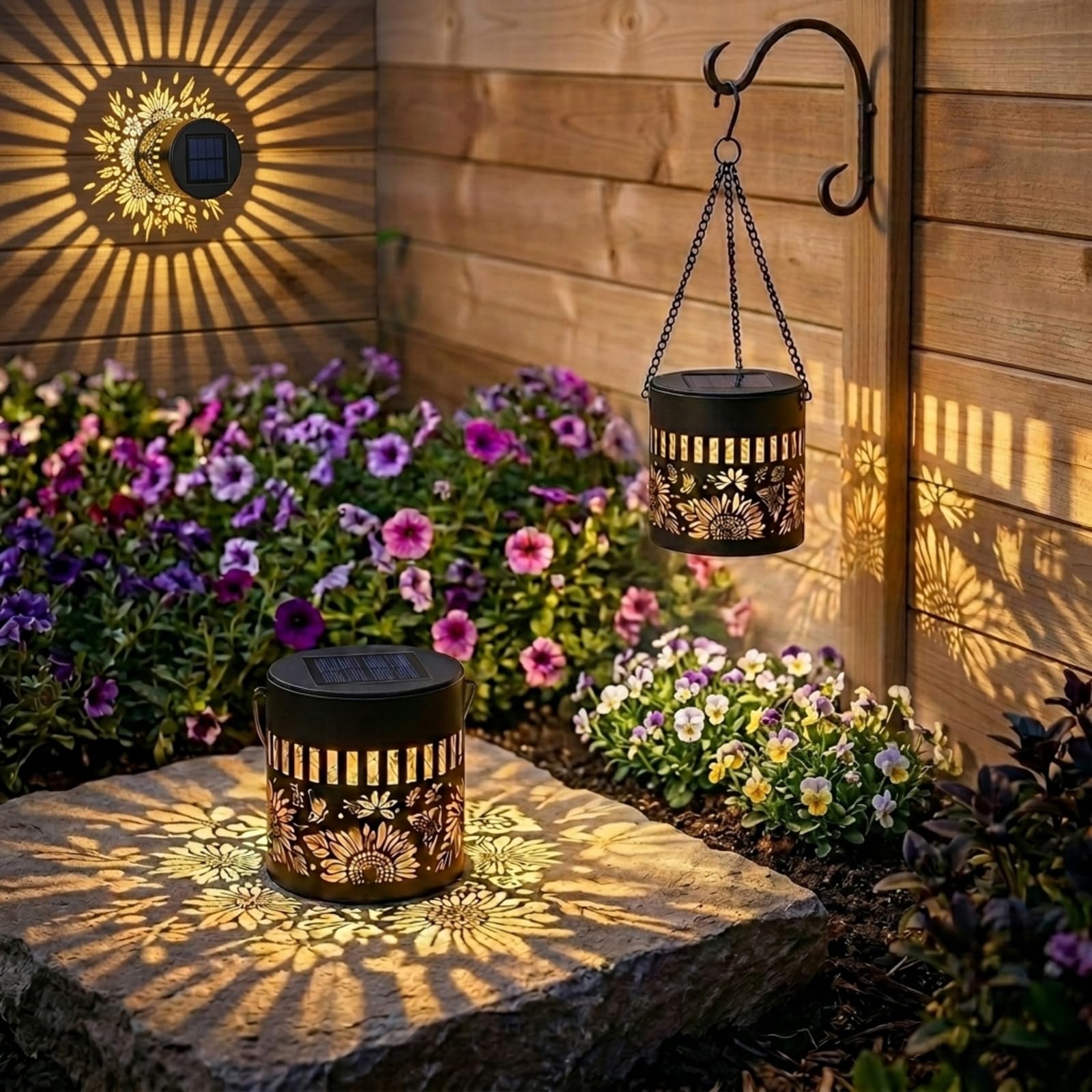 FLSEPAMB Solarlaterne für Außen, Garten Solarlampen für Außen Hängend, Auto Ein-/Aus Solarlampen für Außen Wand, Wasserdicht Garten Dekoration für Balkon, Terrasse, Wegen, Patio