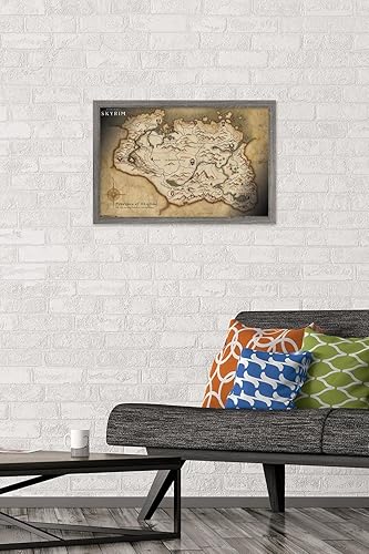 Vista 80 de The Elder Scrolls V: Skyrim - Póster de pared de mapa, 34 pulgadas de largo x 22.4 pulgadas de ancho, versión enmarcada de madera de granero Versión