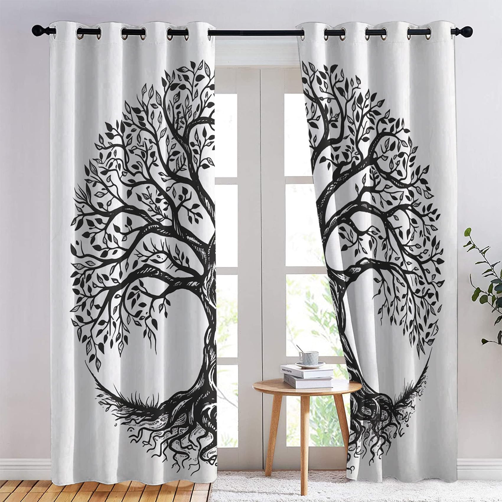 Rideau Occultant Arbre De Vie, Arbre Noir Et Blanc Motif Rideaux Thermiques à Oeillets, Rideaux Imprimé pour Salon Chambre Fenetre Moderne Décoration, 140x200 cm (L x H), Lot de 2