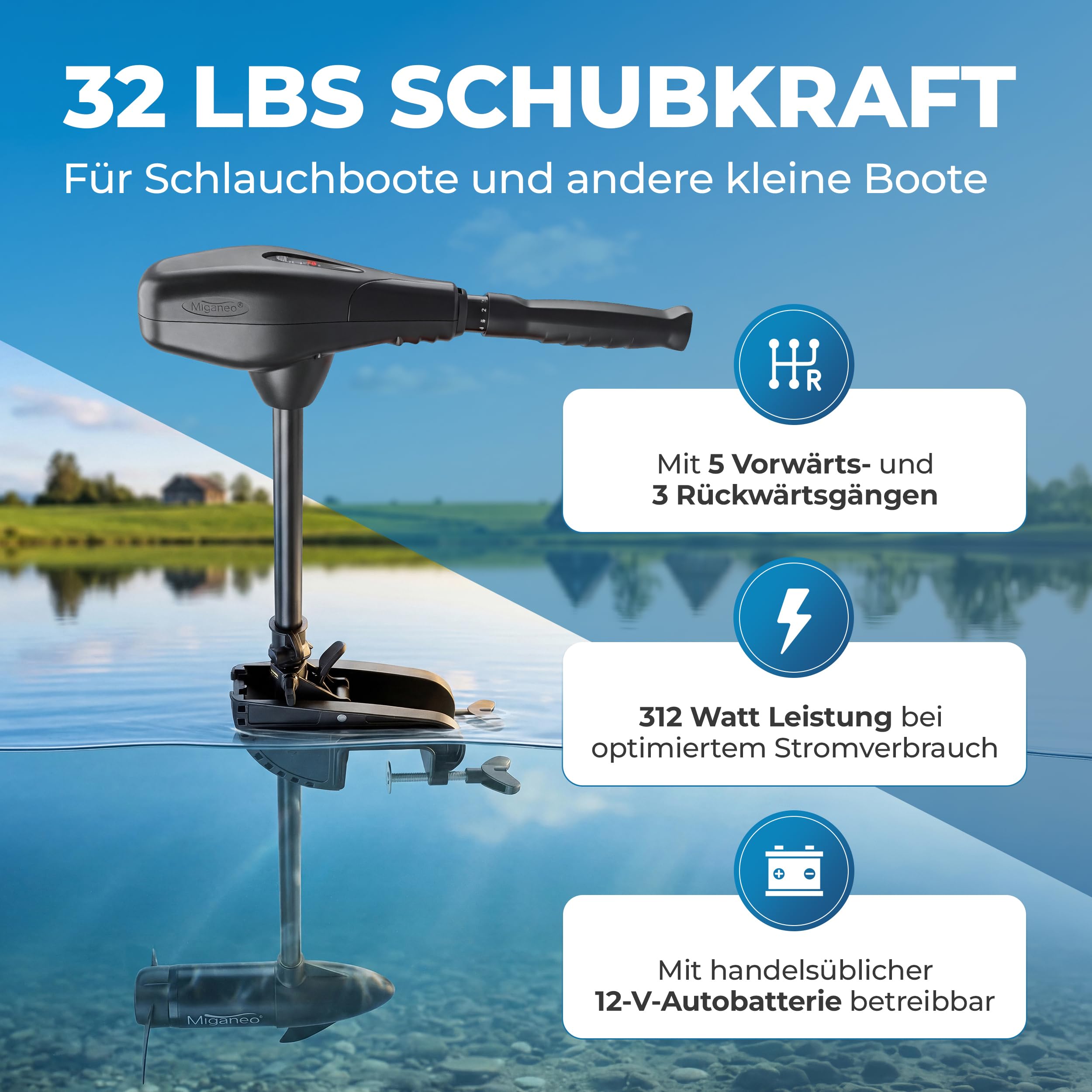 Miganeo Elektromotor Boot TRS 32 lbs – Elektro Außenborder 312 Watt – Salzwassertauglich & mit LED Batterieanzeige – Bootsmotor Elektro 12V auch für Schlauchboote – 5 Vorwärts- & 3 Rückwärtsgänge