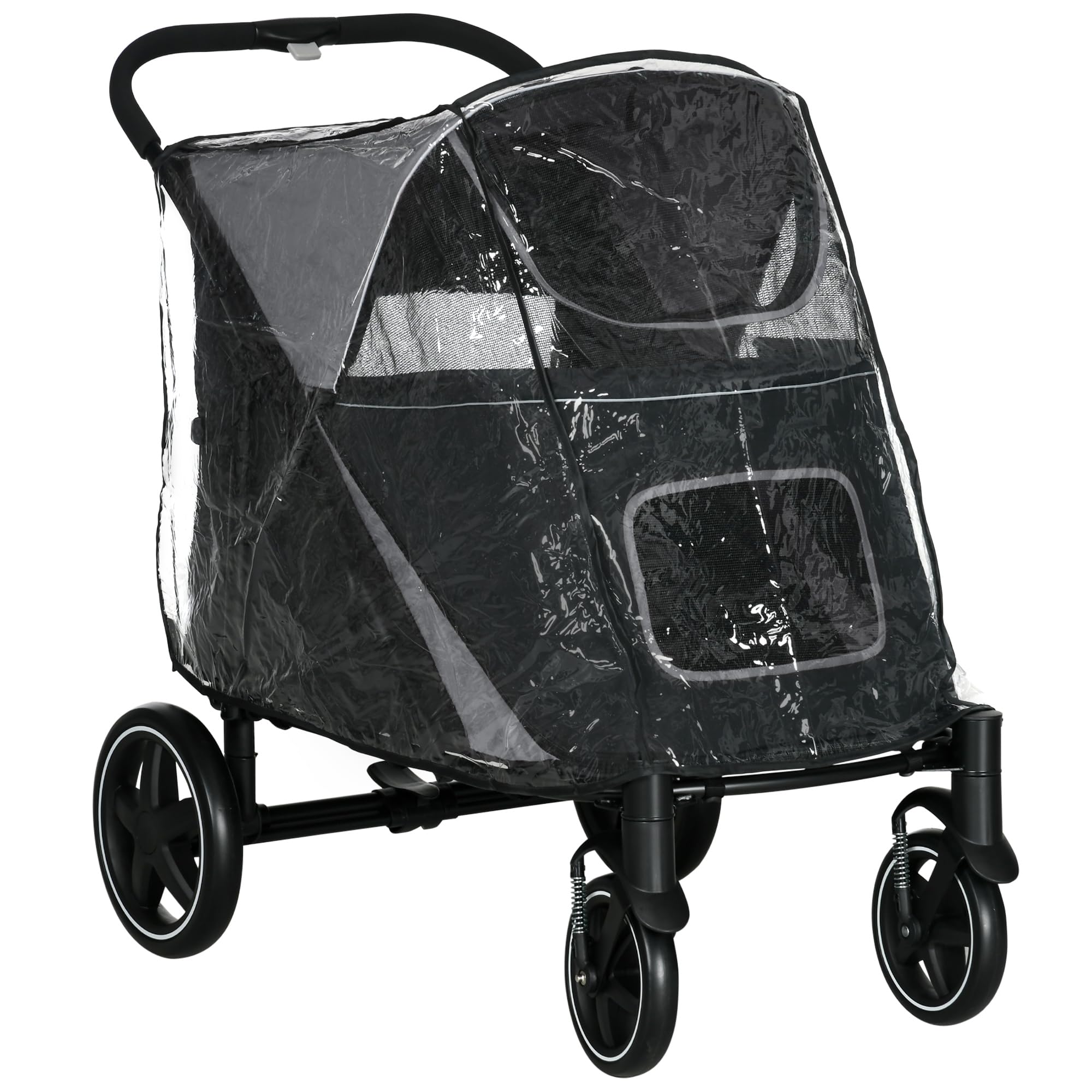 PawHut One-Click Foldable Pet Travel Stroller with Rain Cover, Cat Dog Pushchair with Universal Front Wheels, Shock Absorber, Storage Bags, Mesh Window, Safety Leash for Large and Medium Dogs (Black)