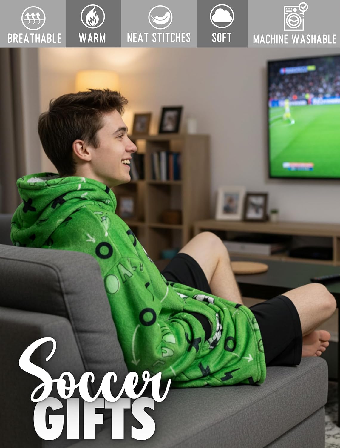 Soccer Gifts for Boys, Girls, Men, Wearable Blanket Hoodie, Oversized Hooded Blanket, Plush, Cozy, Warm - Image 2
