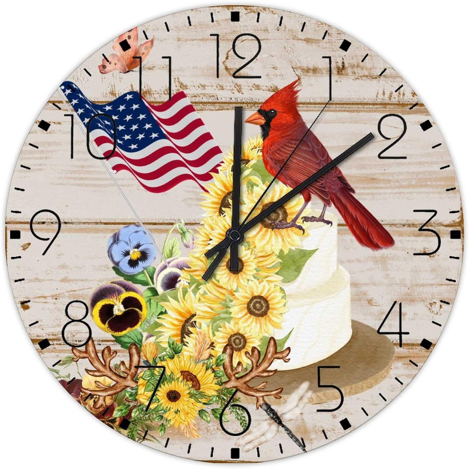Silent Wall Clock Battery Operated Non Ticking 4th of July Patriotic Sunflower Cardinal Frameless Wall Clocks American USA Memorial Day Home Decor for Study Room Office Conference Room 15 Inch