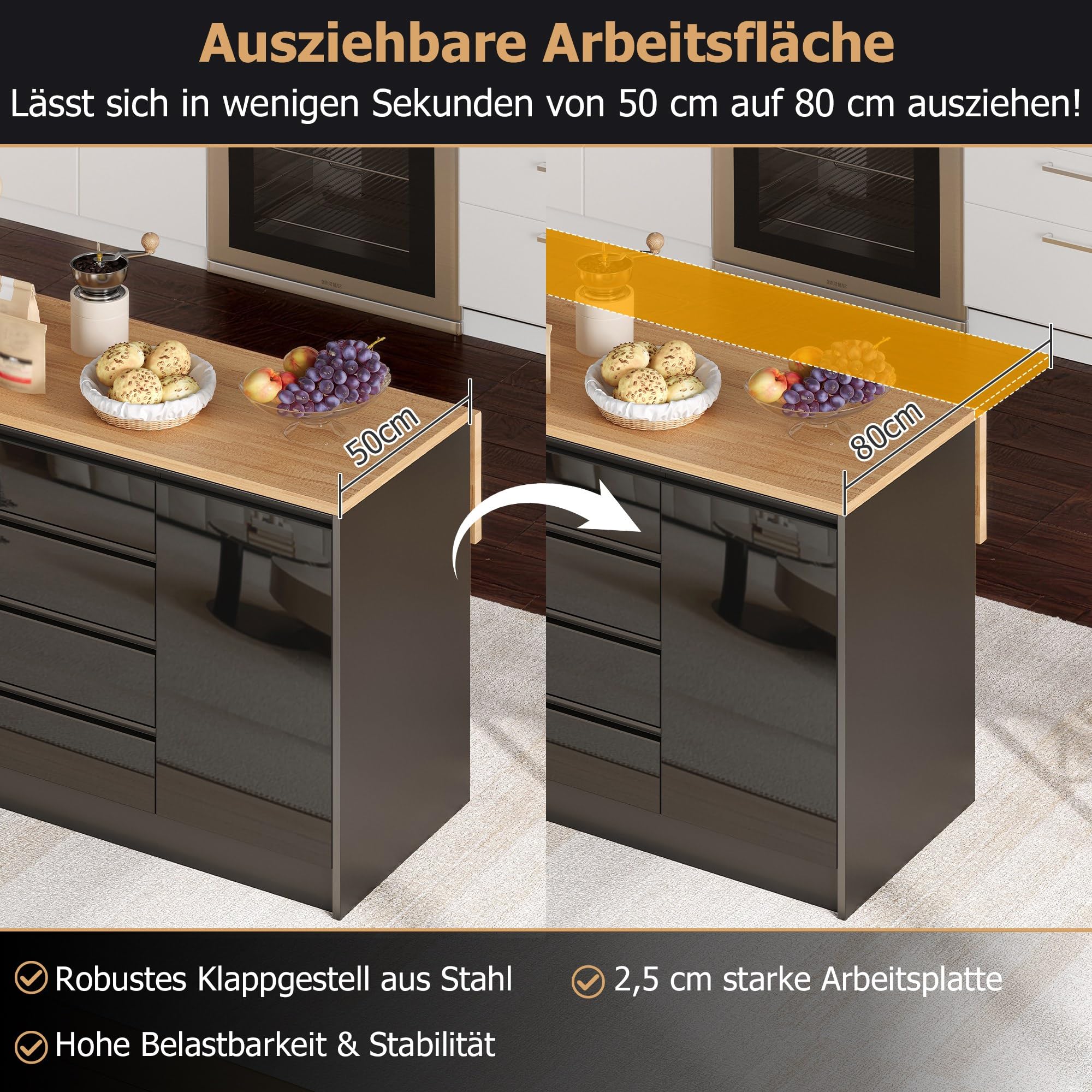 Kücheninsel Freistehend mit Klapptischplatte, 140x80x90 cm Moderne Kücheninsel mit 4 Schubladen, 2 Schränken und Ablage hinter den Türen, Hochglanzfronten,Schwarz,A,Klappbar
