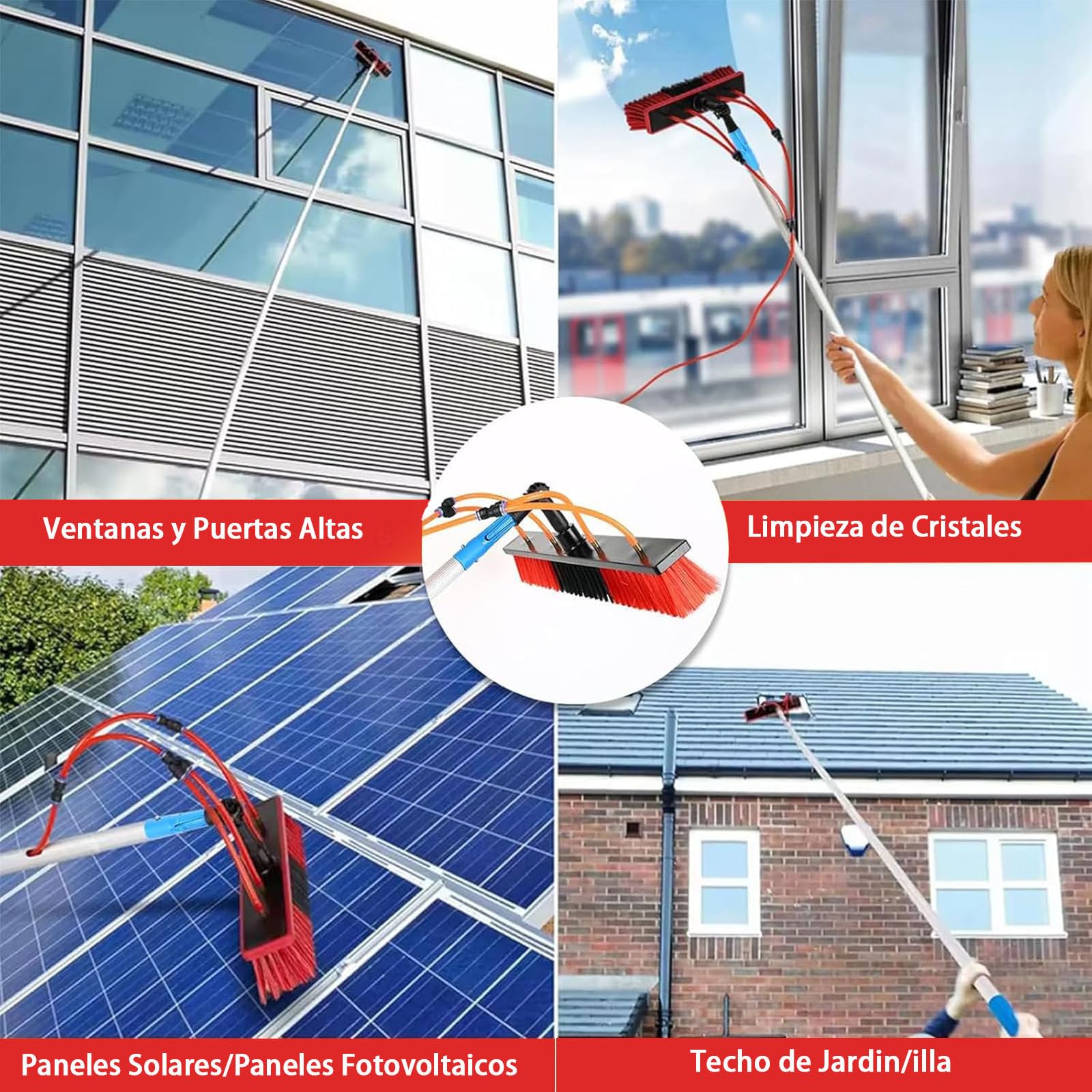 Kit De Poste Alimentado por Agua De 30 Pies, Cepillo De Limpieza De Paneles Solares con Cabezal Ajustable, Equipo De Lavado De Ventanas con Mango Largo De Extensión(35cmbrushhead,3.6m)