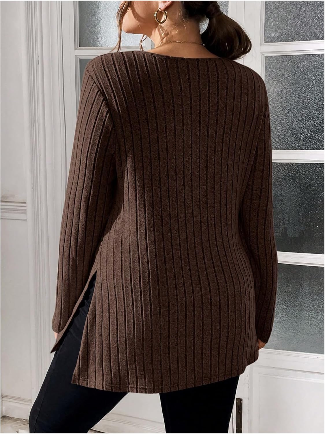 SHENHE Women's Plus Size Long Sleeve Tops Split Hem V Neck Ribbed Knit Tunic Tops Tshirts - Image 2