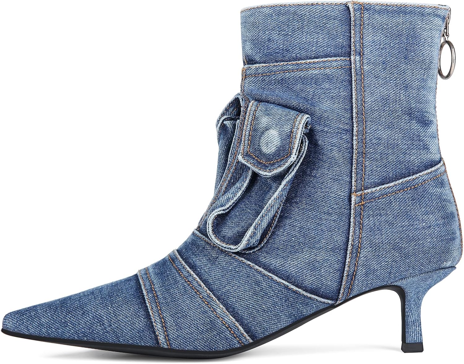 Denim Boots for Women Short Ankle Jeans Booties Kitten Low Heel Boots Womens Pointed Toe Boot With Zipper Fashion Casual Shoes