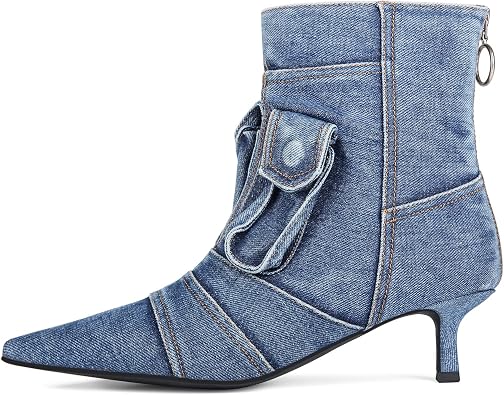 Denim Boots for Women Short Ankle Jeans Booties Kitten Low Heel Boots Womens Pointed Toe Boot With Zipper Fashion Casual Shoes