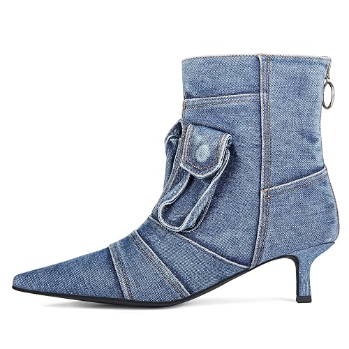 CAGLGLZ Denim Boots for Women Short Ankle Jeans Booties Kitten Low Heel Boots Womens Pointed Toe Boot With Zipper Fashion Casual Shoes - 8 - Blue