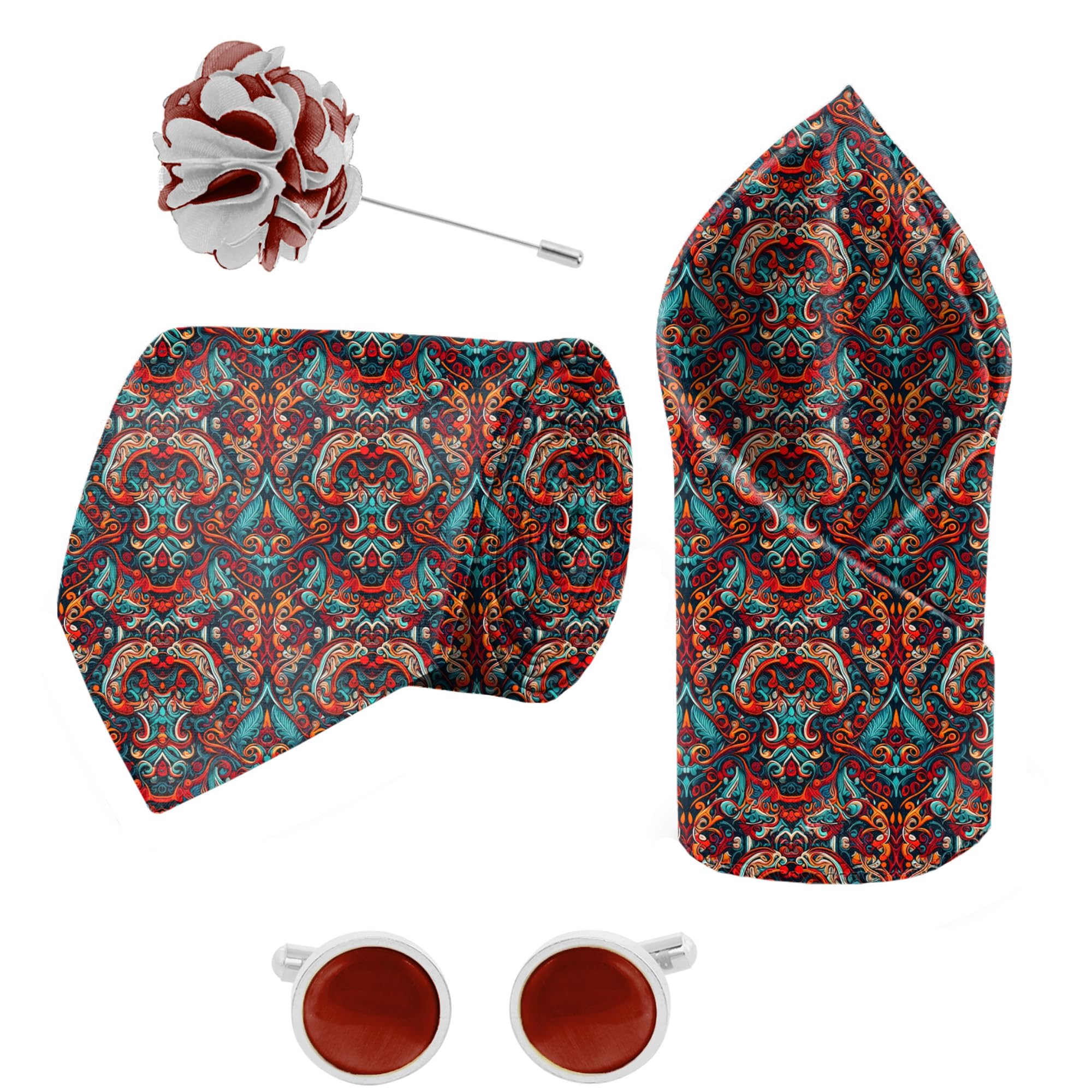 blacksmith Intricate Damask Printed Tie and Pocket Square Set with Cufflink and Matching Flower Lapel Pin-picture-26