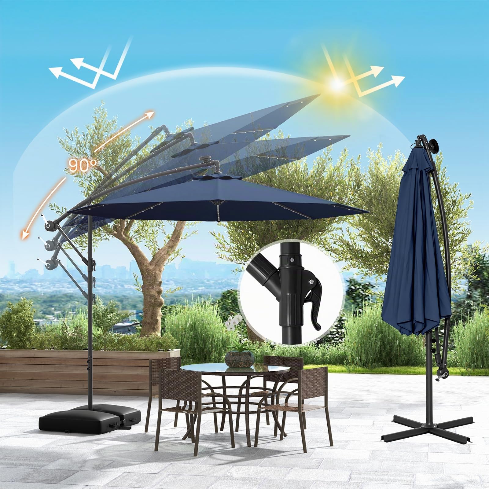 GOPLUS Sombrilla Terraza Exterior 3x3 m con 40 Luces LED Solares, Parasol Excentrico Inclinable con Pie y Base, Altura ajustable, Resistente al Viento y GuardaSol (con Base y LED, Azul, 3 M)