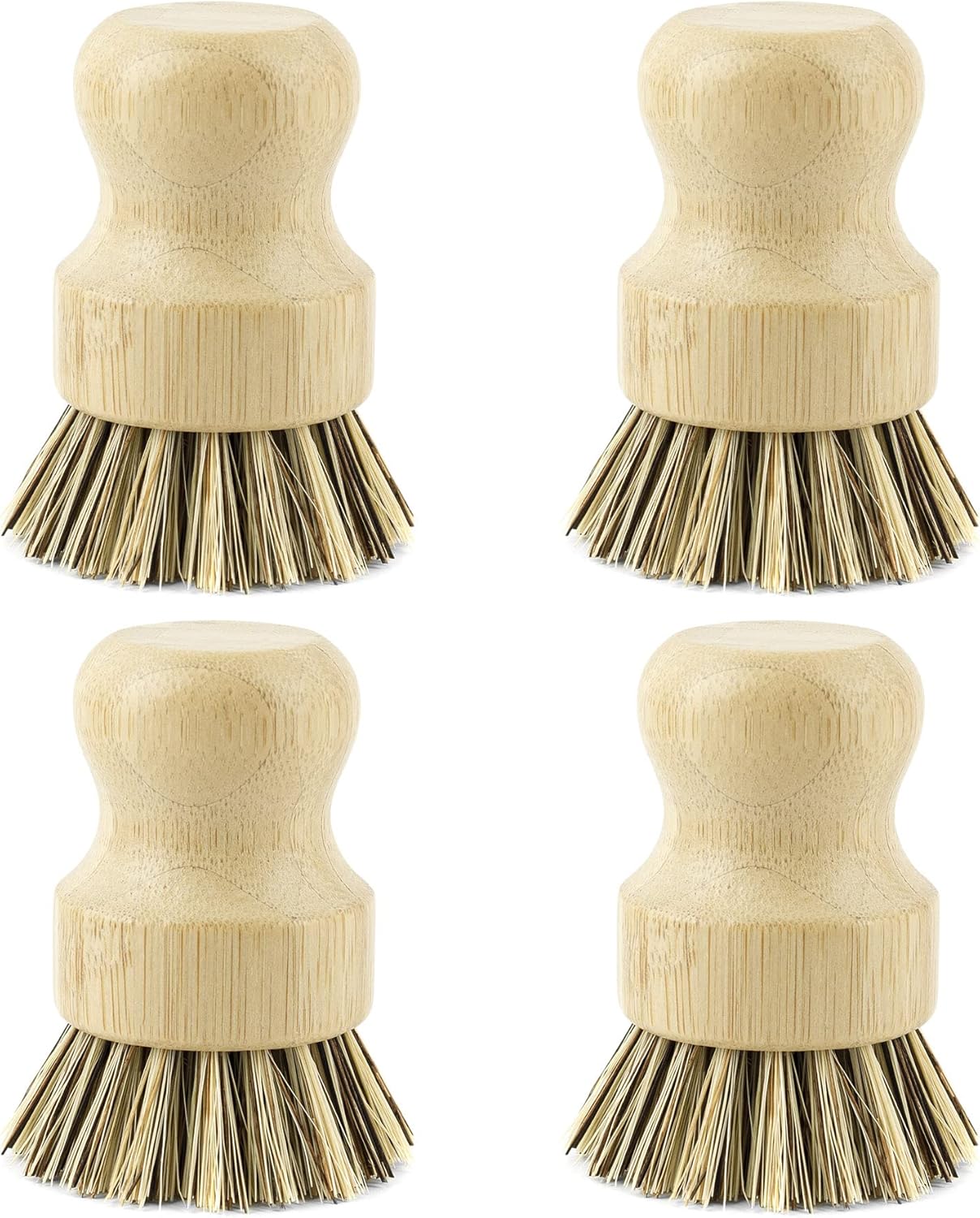 AUEAR, Cepillo de bambú natural para fregar platos, cepillos de limpieza para ollas, cerdas de coco para sartenes de hierro fundido (paquete de 4)