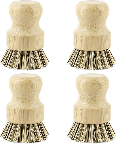 AUEAR, Cepillo de bambú natural para fregar platos, cepillos de limpieza para ollas, cerdas de coco para sartenes de hierro fundido (paquete de 4)