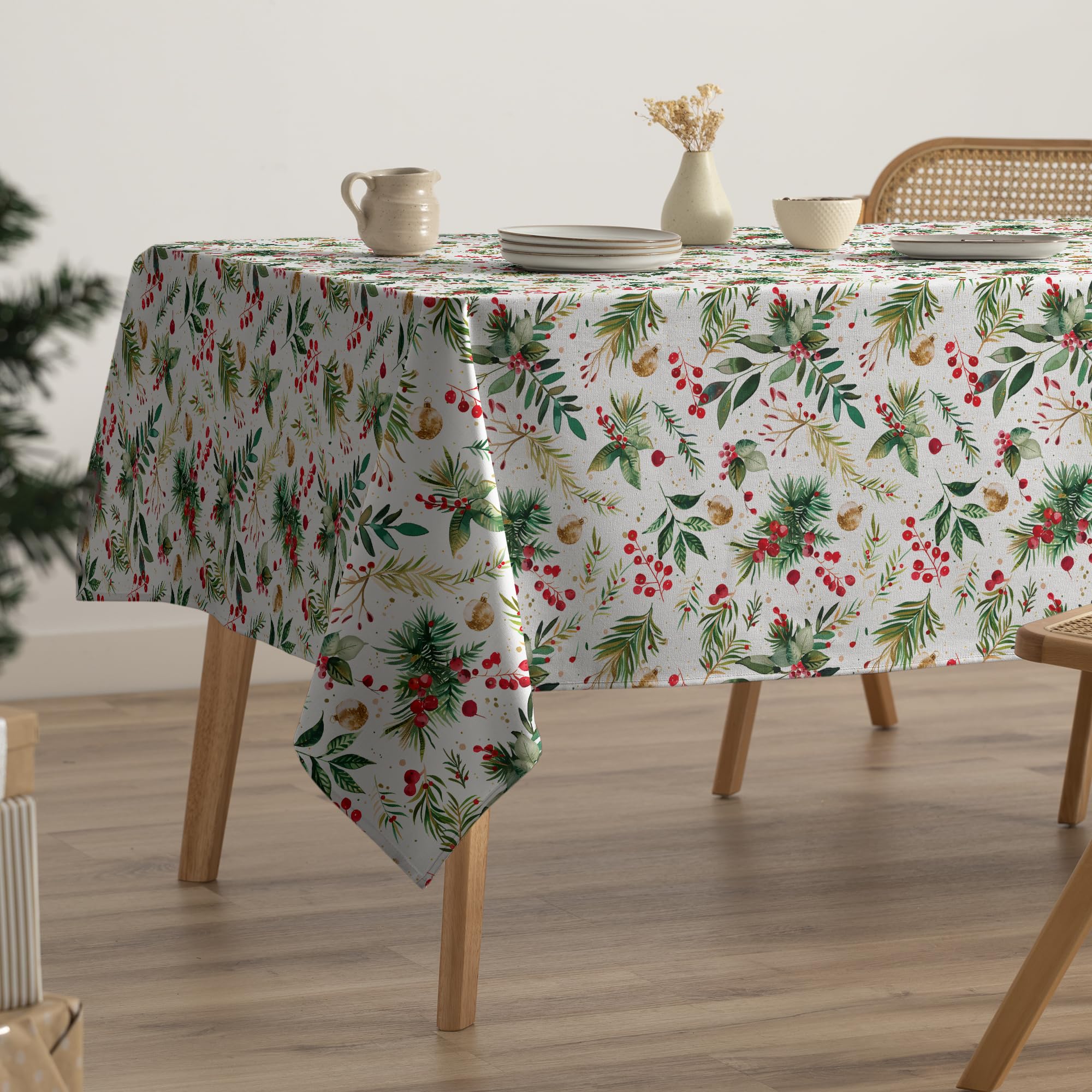 GAMUSI Mantel Navidad Antimanchas Muérdago Algodón Mesa Comedor Decoración Navideña Rectangular Tacto Tela 160x240 cm