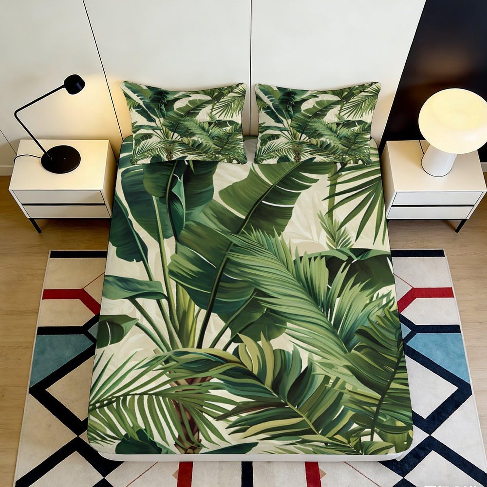 3D Printed Tropical Leaves Fitted Sheet Microfiber Soft Breathable Jungle Pattern Mattress Cover for Bedroom Dormitory Guest Room Protection Decor 180x200x25cm