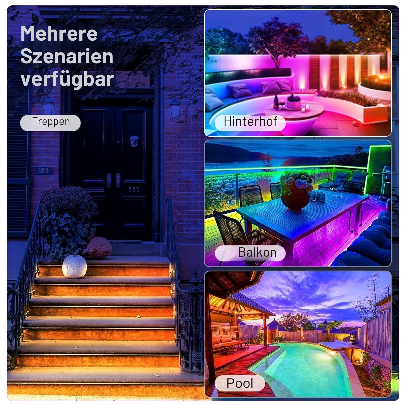 15 m RGB-Solar-LED-Lichtstreifen, warmweiß, für den Außenbereich, wasserdicht, selbstklebend, automatisches Ein-/Ausschalten, 16 Farben und 4 Modi, mit Fernbedienung, ideal für Terrasse