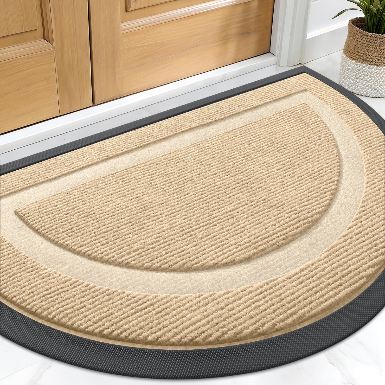 OLANLY Half Circle Front Door Mat Outside 29.5x17 All-Season Rubber Doormat | Beige, Absorbent, Heavy-Duty, Stain and Fade Resistant, Waterproof Non-Slip Backing, Low-Profile Indoor Outdoor Entryway Mat