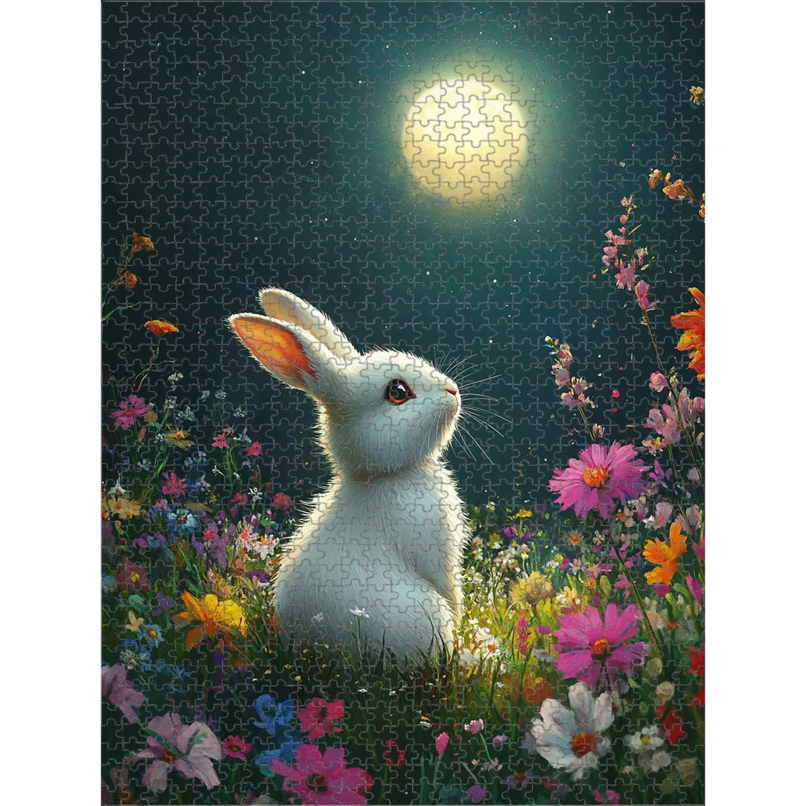 1000 elementów, puzzle dla dorosłych, królik i kwiaty, drewniane puzzle 1T#2294 | Drewniana konstrukcja, precyzyjne cięcie, jasne kolory, statyczne hobby, relaks, dekoracja domu, prezent, 50 x 75 cm