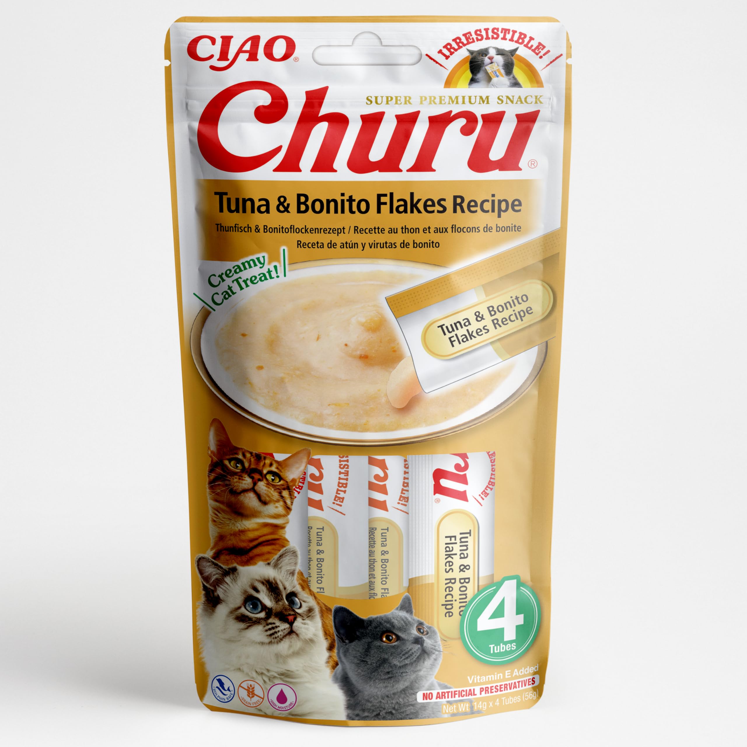 INABA Churu - Premios para Gatos - Snacks Saludables Copos de Atún/Bonito - Textura Cremosa - Sin Cereales, Conservantes, Colorantes - Sólo 6 Cal - 4x14g (56g)